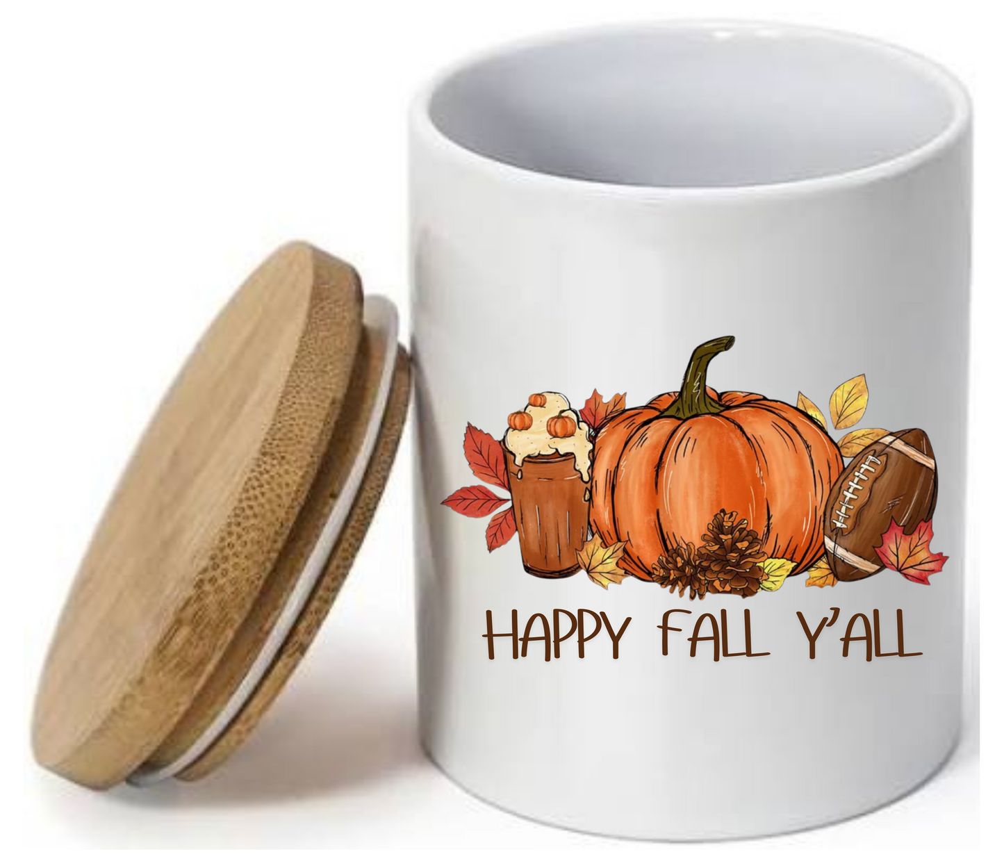 Happy Fall Y’all Candle – 9oz Organic Soy Wax Sublimation Jar with Football, Pumpkin & Coffee Design