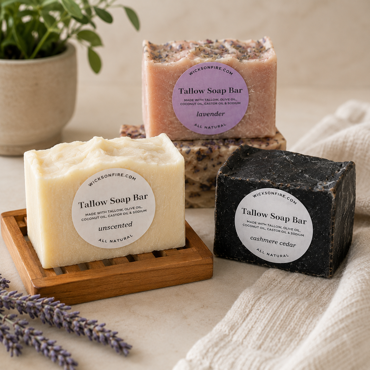 Three handmade soap bars from Wickerfire are displayed on a neutral fabric background.