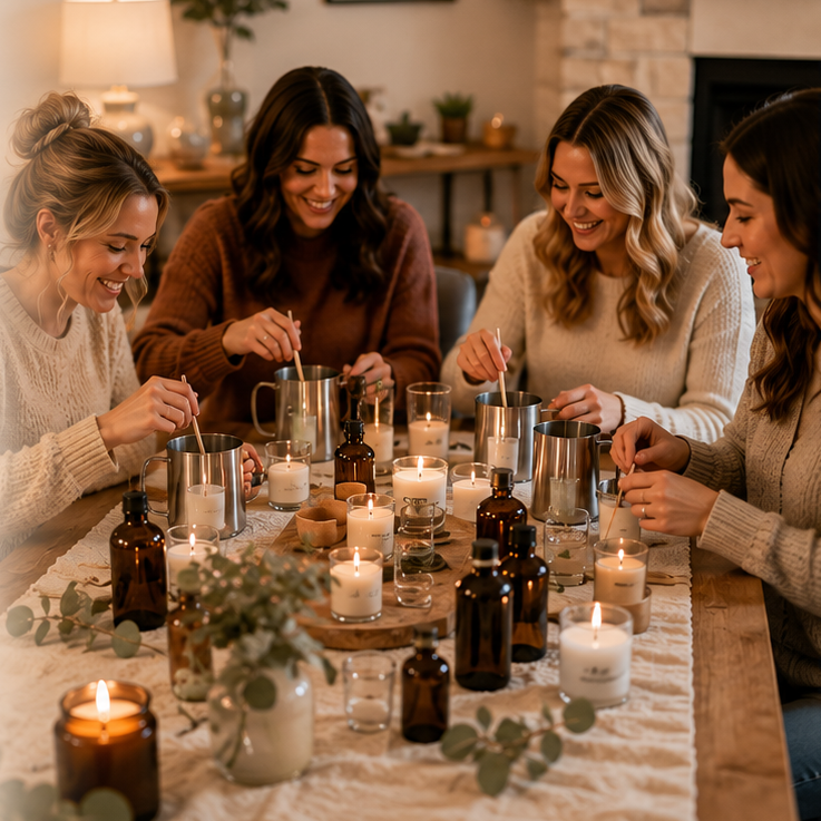 Promotional banner for a private candle making class, featuring a warm interior scene of women crafting candles at a table with lit candles, alongside text reading 'HOST AT YOUR HOME' and service details.