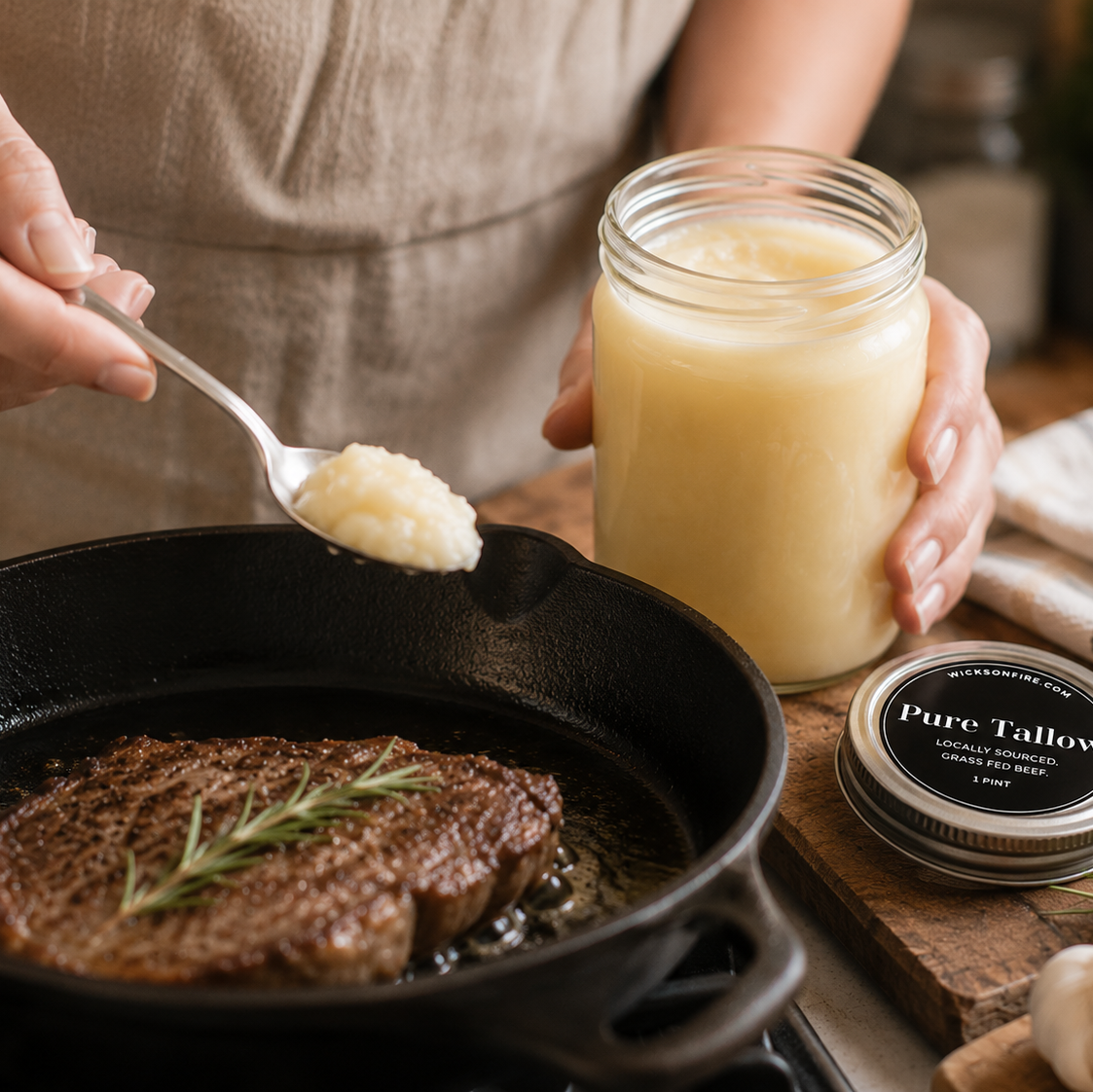 A person in a beige apron holds a glass jar of pale yellow tallow grease while spooning some onto a searing steak in a black cast iron skillet. A small jar labeled 'Pure Tallow' sits on a wooden board next to garlic in a warm kitchen setting.