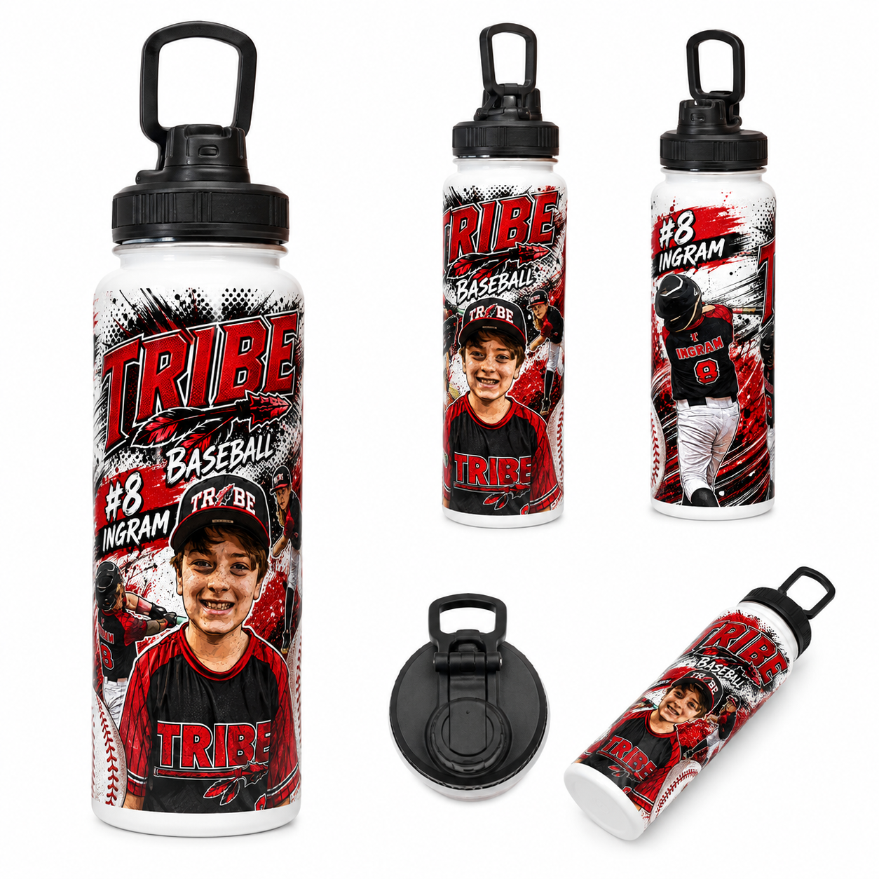 Five views of a custom printed water bottle on a white background, featuring a baseball player named Ingram and the number 8. The design includes red, black, and white colors with baseball-themed graphics.