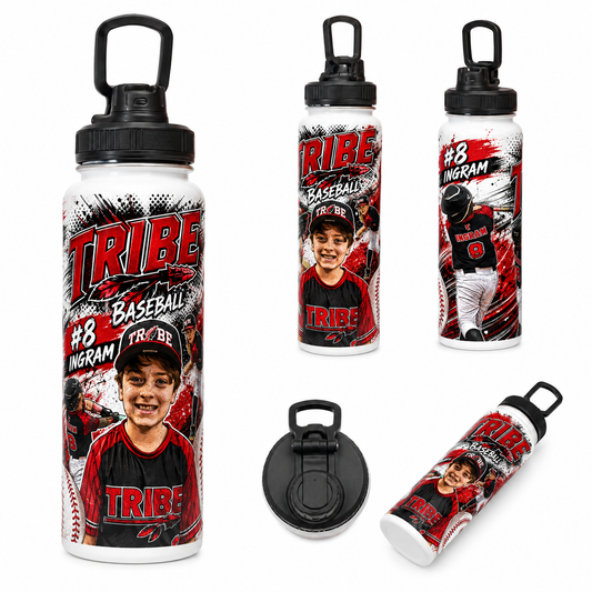 Five views of a custom printed water bottle on a white background, featuring a baseball player named Ingram and the number 8. The design includes red, black, and white colors with baseball-themed graphics.