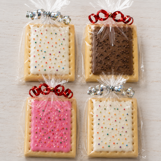 Four square sugar cookies in clear cellophane bags tied with decorative bows, arranged in a 2x2 grid on a light wood surface. The cookies are topped with white, pink, or dark brown icing and multicolored sprinkles.