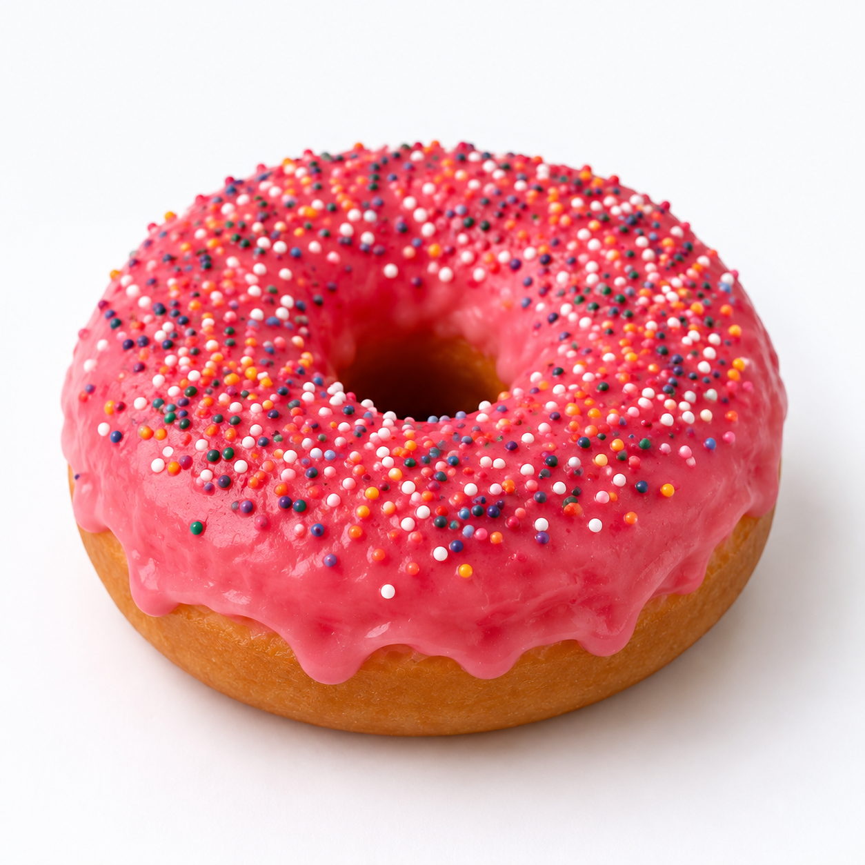 A glazed donut with bright pink icing and multicolored sprinkles, photographed on a clean white background.