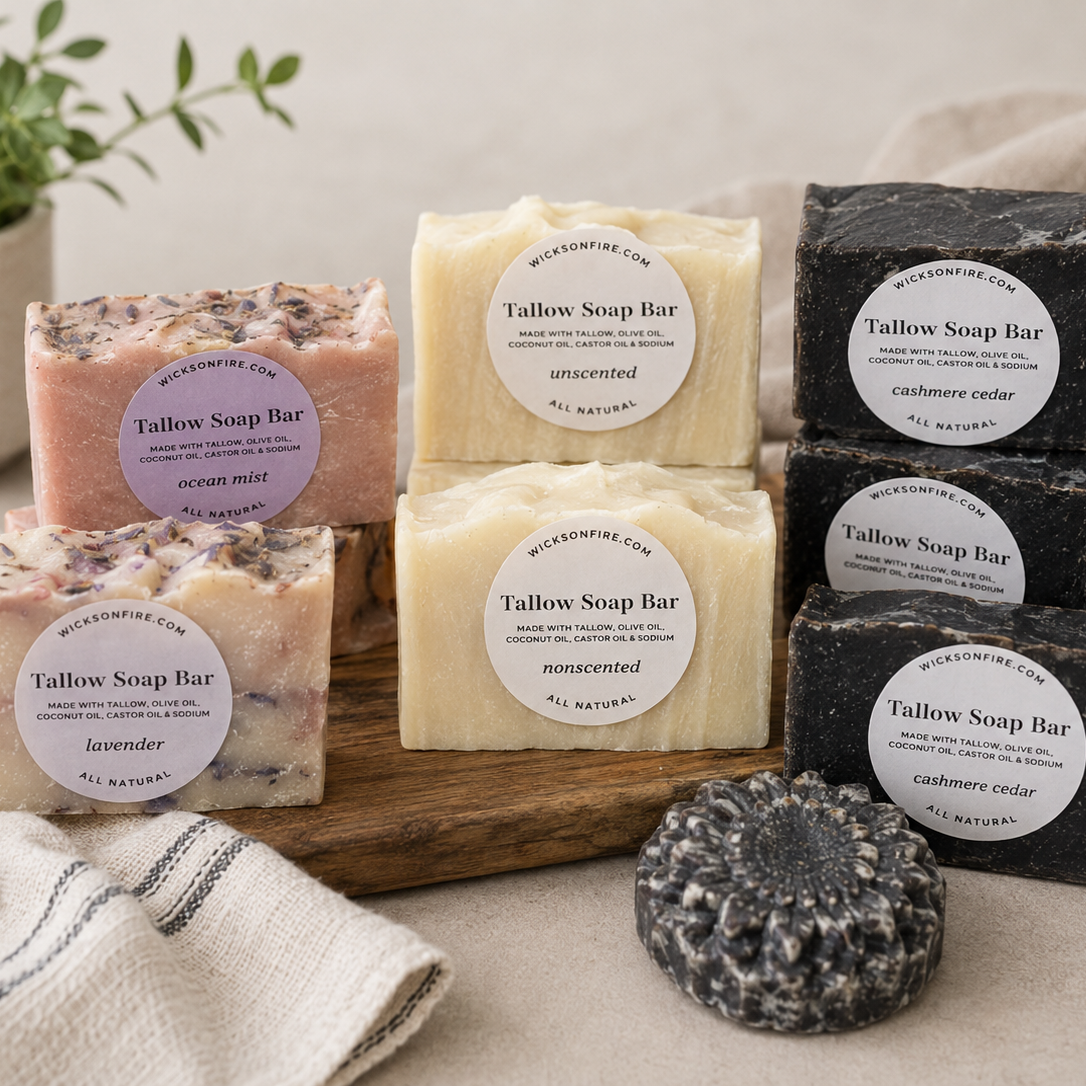 Six bars of Tallow Soap Bar by Wild Mountain Cream handmade soap displayed on a wooden board with a folded cream cloth, a potted plant, and lavender sprigs. The soaps include pink lavender, pale yellow uncentred, and dark gray cashmere wool variants.