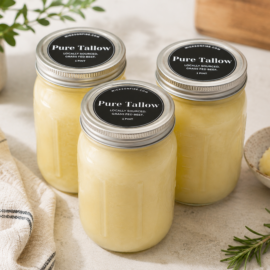 Three glass mason jars filled with pale yellow butter are arranged on a light stone surface with a folded cream cloth, a small bowl of butter, rosemary, and a potted plant in the background. The jars have silver metal lids with black labels reading 'Pure Tallow' and smaller text below.