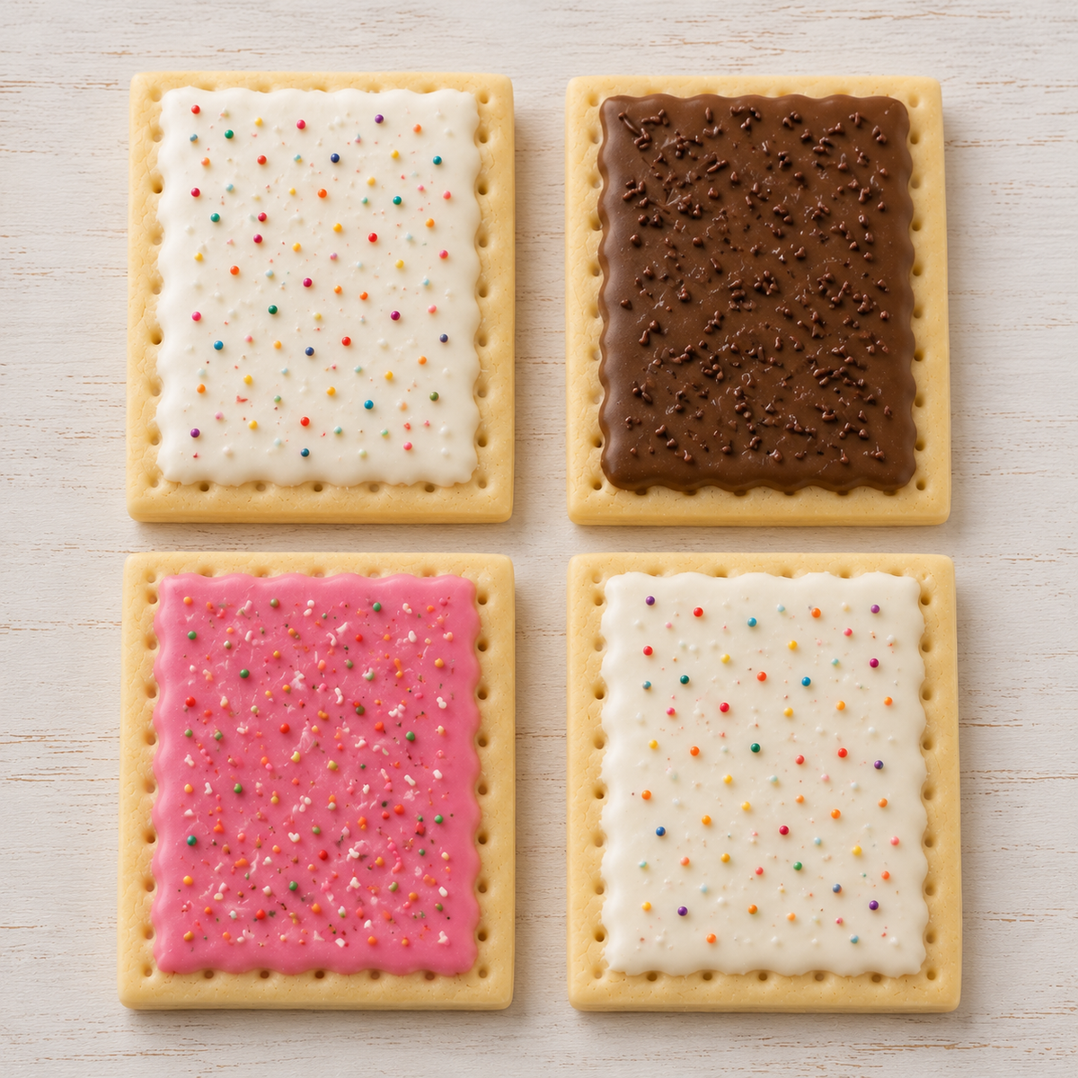 Four square sugar cookies arranged in a 2x2 grid on a light wood surface. Each cookie has a fluted edge and a different center fill: two cookies have white icing with multicolored sprinkles, and two cookies have pink or dark brown icing with dark sprinkles.