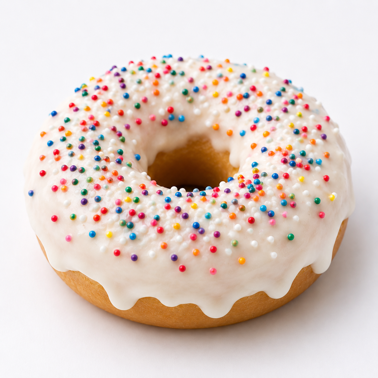 A classic donut with white icing and colorful sprinkles, photographed on a clean white background.