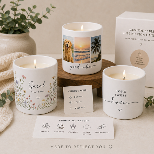 Three personalized white sublimation candles are displayed on a wooden stand with their custom boxes and scent options in front. The candles feature custom designs including a floral print, a beach sunset photo, and 'HOME SWEET HOME' text.